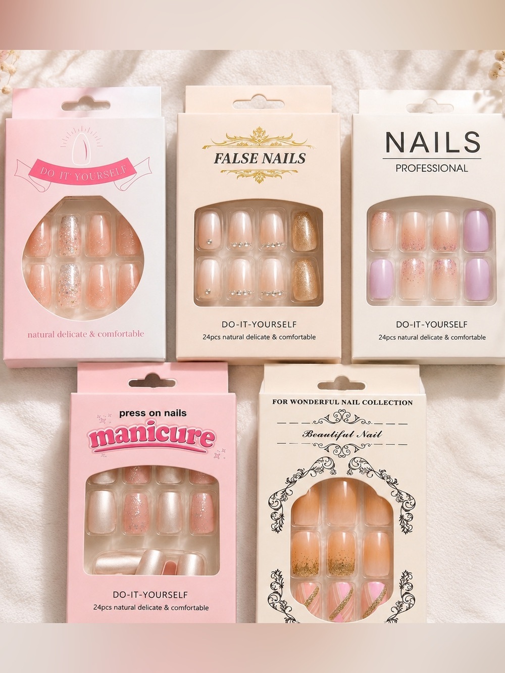 NEW 5pc Press On Nails Bundle Nude Pink Glitter Rhinestone 24pc Sets